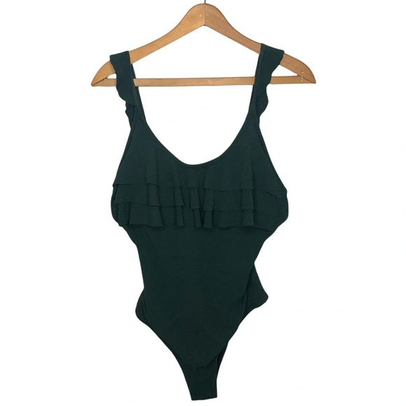 CUPSHE Forest Green Ruffle Striped One Piece Beachy Resort Poolside Swimsuit - Picture 4 of 10